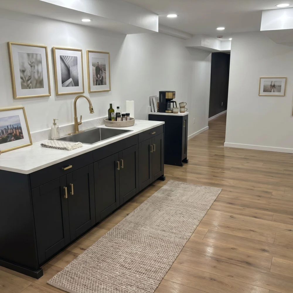 Modern sink fixture with gold-framed photographs on the walls. A modern basement in the midwest.