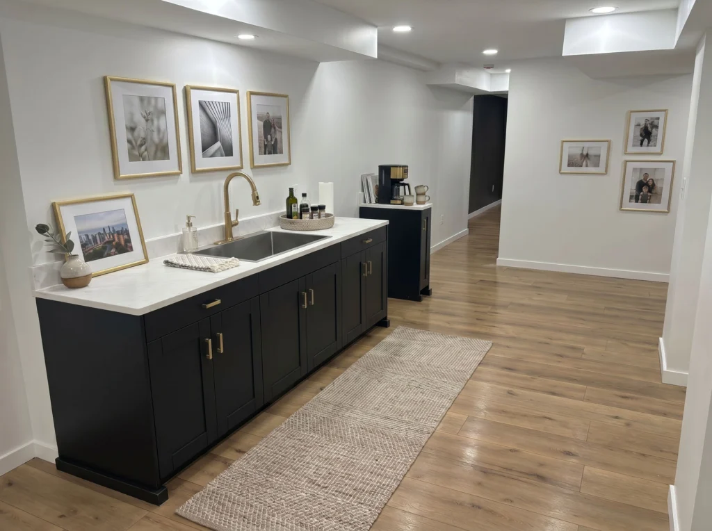 Modern sink fixture with gold-framed photographs on the walls. A modern basement in the midwest.
