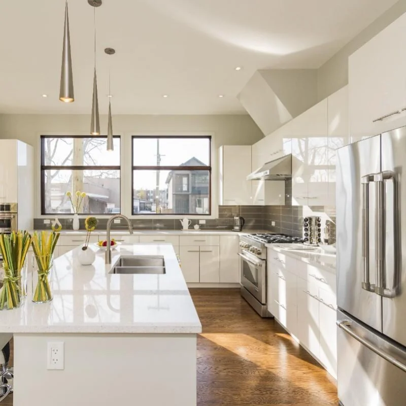A brightly lit, modern kitchen in the midwest.