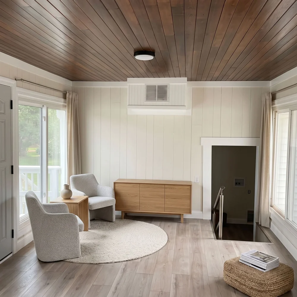 A clean, furnished entry area to a home in the midwest.