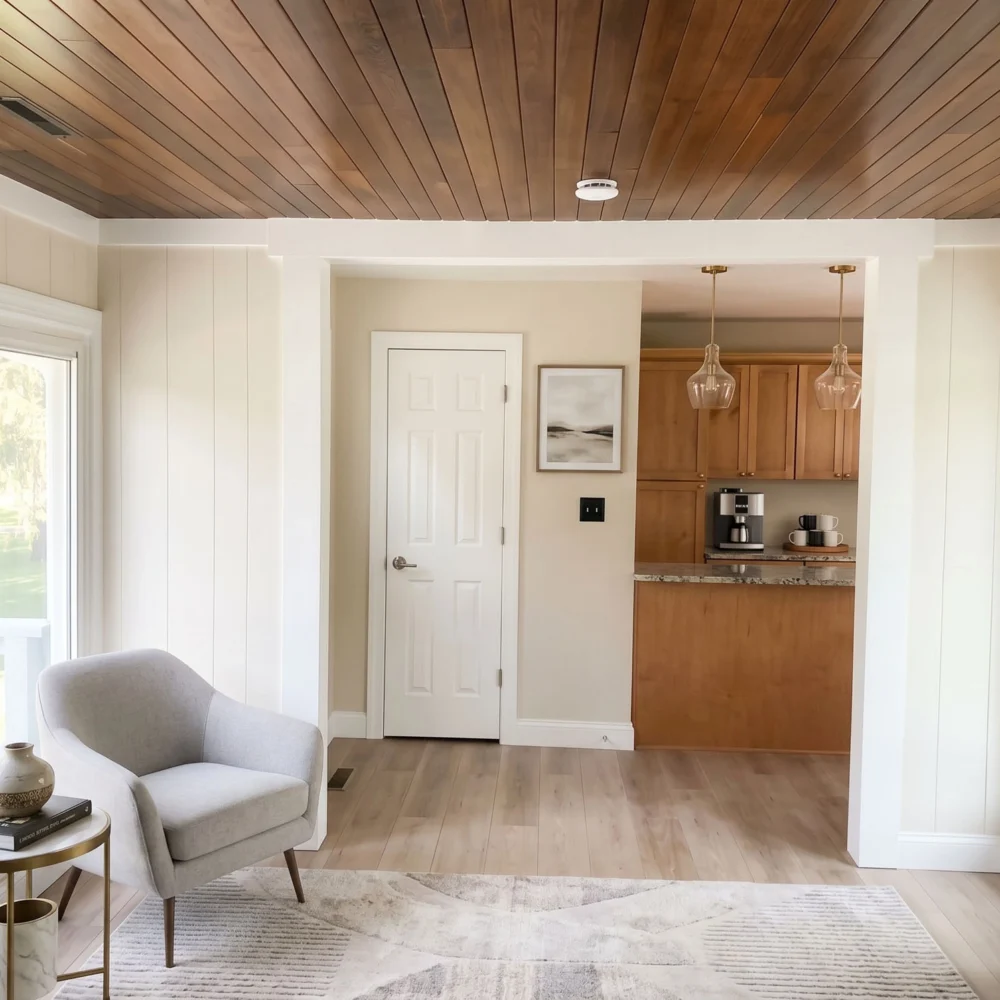 A brightly-lit, modern living room, with wooden cabinets and wood panel ceilings.