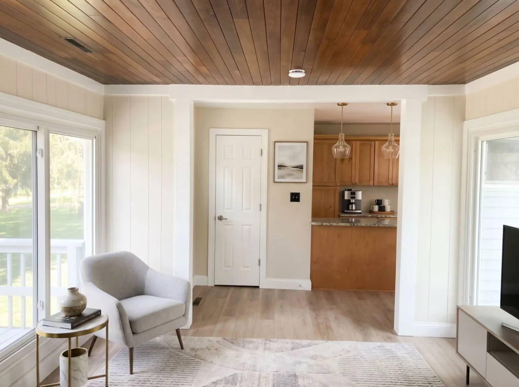 A brightly-lit, modern living room, with wooden cabinets and wood panel ceilings.